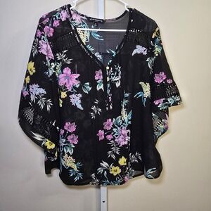 Sharagano Ladies XL Floral‎ Print Kimono Sleeve Blouse Top Black Pink Yellow